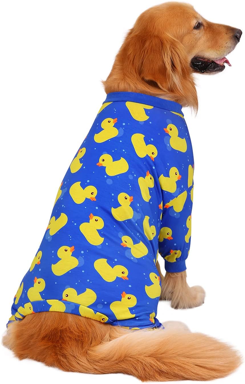 HDE Dog Pajamas One Piece Jammies Jumpsuit Pet Clothes Outfit Stretchy Lightweight Comfy Shirt Pjs for M-3XL Dogs Ducks Blue - XL