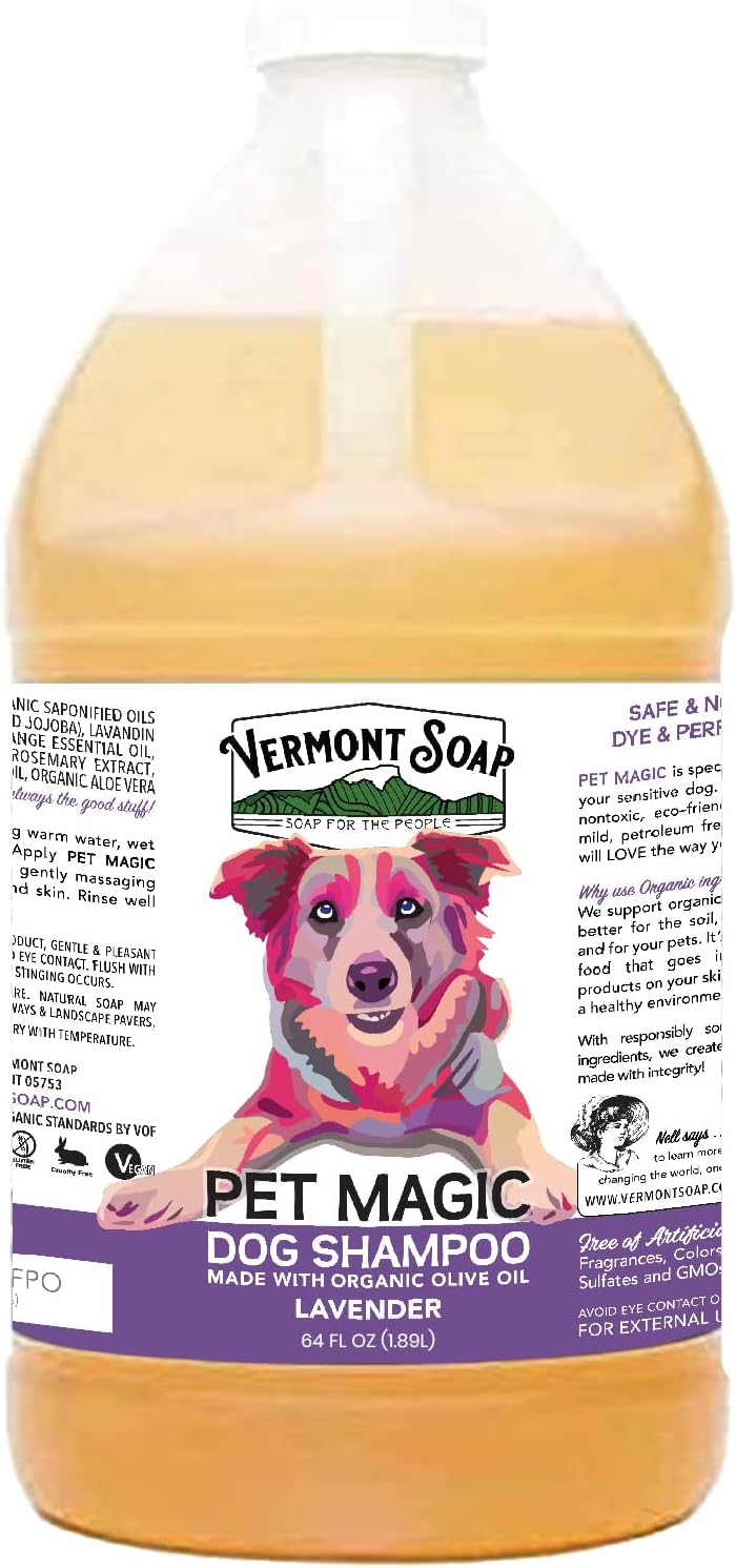 VERMONT SOAP Organics Pet Shampoo - Infused with Organic & Natural Olive Oil, Coconut & Aloe Vera Dog Shampoo for Sensitive Skin - USDA Certified Grooming, Lavender (64oz)