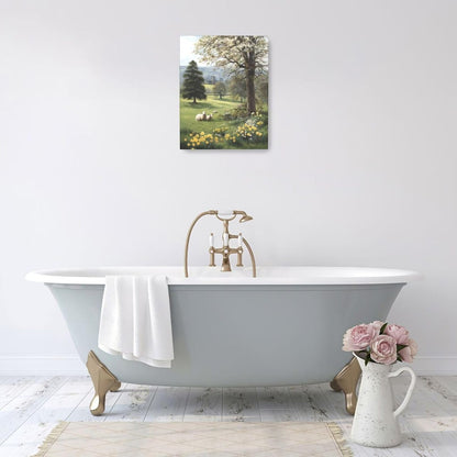 Country Sheep Canvas Wall Decor Farmhouse Rustic Lamb Wildflower Wall Art Nature Countryside Landscape Pictures Painting Print Framed Artwork Decorations for Bathroom Living Room Bedroom 16"x20"