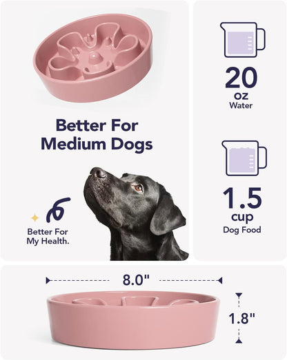 LE TAUCI Slow Feeder Dog Bowls Ceramic, 1.5 Cups Dog Food Bowl, Puppy Slow Feeder Dish for Fast Eaters,Pink Bloom