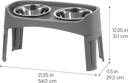 IRIS USA Elevated Dog Bowls, Adjustable Height, 2 Thick 64 oz Stainless Steel Bowls, Spill-Proof with Raised Outer Rim, Durable Made in USA Plastic, Easy Assemble, 2 Heights 4.63" or 12.25" Dark Gray