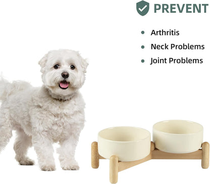Ceramic 5.1inch Raised Double Bowls Set with Wooden Stand, Elevated Food & Water Bowls for Small Breed Dogs, Cats, Kitty, Weighted Dog Dishes, Pet Bowls(13.5oz, Beige)
