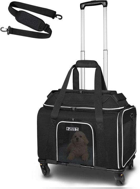 Petskd Top-Expandable Pet Carrier with Wheels 18x11x11 Inches Delta American United Airline Approved, Soft-Sided Carrier for Small Cats Dogs with Locking Safety Zippers and Anti-Scratch Mesh(Black)