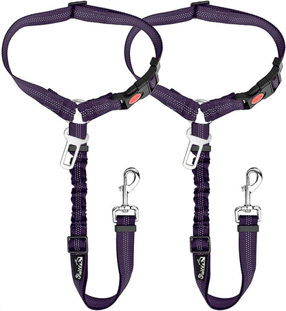 SlowTon Dog Seat Belt for Car, 2 Pack Dog Car Harness Seatbelt Adjustable with Elastic Bungee Buffer, 2 in 1 Pet Car Leash Headrest Restraint Dog Reflective Safety Tether (Purple, Headrest+Clip)