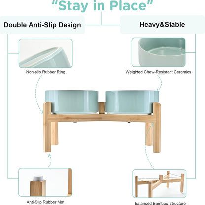 SPUNKYJUNKY Elevated Dog Bowls Ceramic, 7.3'' Dogs Food Water Bowls Raised with Non-Slip Bamboo Stand for Medium to Large Sized Breed Microwave Dishwasher Safe - 42 OZ,Light Green