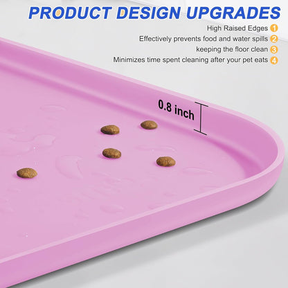 Silicone Pet Feeding Mat with Raised Edge for Food and Water, Dog Bowl Mats, Cat Bowls Placemat with High Lip for Floor Waterproof, Rubber Tray for Cats and Dogs 22 x 14 x0.8 Pink