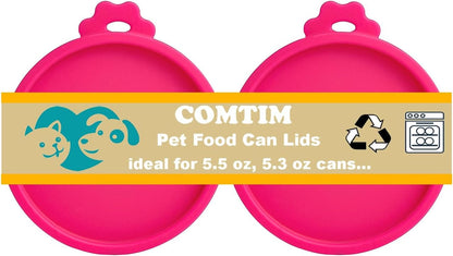 COMTIM Cat Food Can Covers Lids for 5.5 oz Cans, 2 Pack Silicone Cat Food Can Lids for 5.5 oz 5.3 oz Cans...Pet Food Can Covers Reusable Can Toppers Savers for Wet Food (Hot Pink)