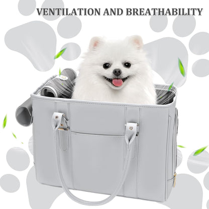 Fashion Pet Carrier Dog Purse Cat Bag Soft-Sided Carriers Travel Airline Approved, Stylish Leather Tote Handbag for Small Animal Puppy Kitten (Grey)