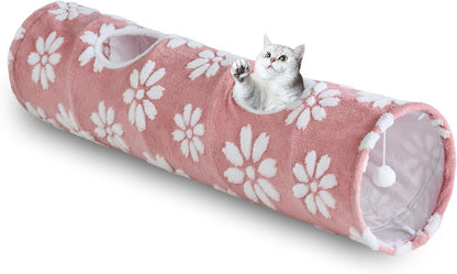 Straight Cat Tunnel for Indoor Cats 47"x12", Cute Cat Toys Collapsible Tunnel Tube with Balls for Puppy Kitten Rabbit, Pink Flower