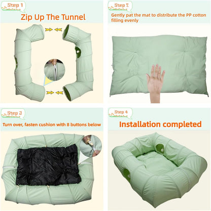 XxingSheep 4 Ways Shuttled XL Cat Tunnel Bed for Indoor Cats Peekaboo Cat Cave Donut with Cool Mat (Green)