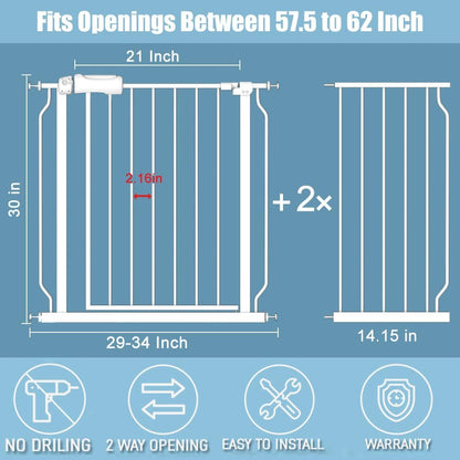 57.5-62 Inch Extra Wide Baby Gates for Stairs Doorways Pressure Mount No Drill Dog Pet Gate Automatic Close Child Safety Gate for Toddler Kids Pets
