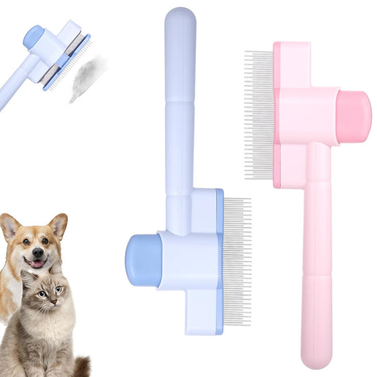 Zen Brush for Cats: Cat Flea Comb & Dematting Comb for Cats - Self-Cleaning Pet Hair Removal Tool with Long & Short Stainless Steel Teeth, Blue Pink