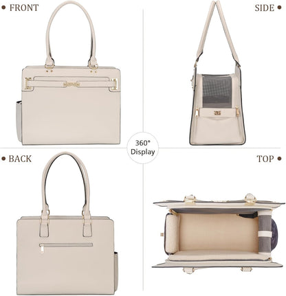 2-in-1 Stylish Dog Purse Carrier Soft-Sided Carriers Travel Tote Bag for Small Dogs Cats, Fashion Foldable Pet Bag for Puppies Small Animals with Pockets (White, 15" L x 7.5" W x 12.2" H)