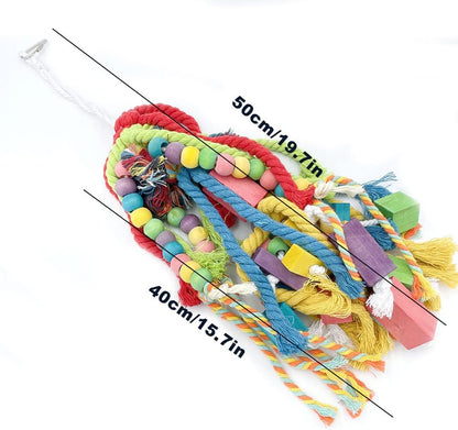 20.5 inch Parrot Chewing Toys - Wooden Block Tearing and Cotton Rope Toys for Medium Large Extra Large Parrot Conures African Grey Amazon Cockatoo and Macaw