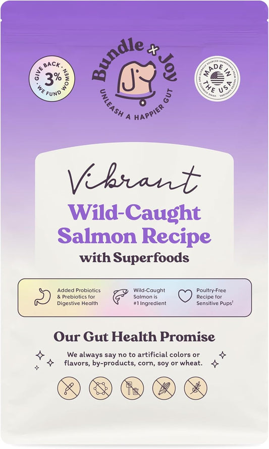 Vibrant Salmon Probiotic Dog Food Dry, 4lb Bag, Allergy and Gut-Friendly Adult Kibble for Digestive Health with Wild-Caught Salmon, 20 Plant Based Superfoods, Beef and Poultry Free