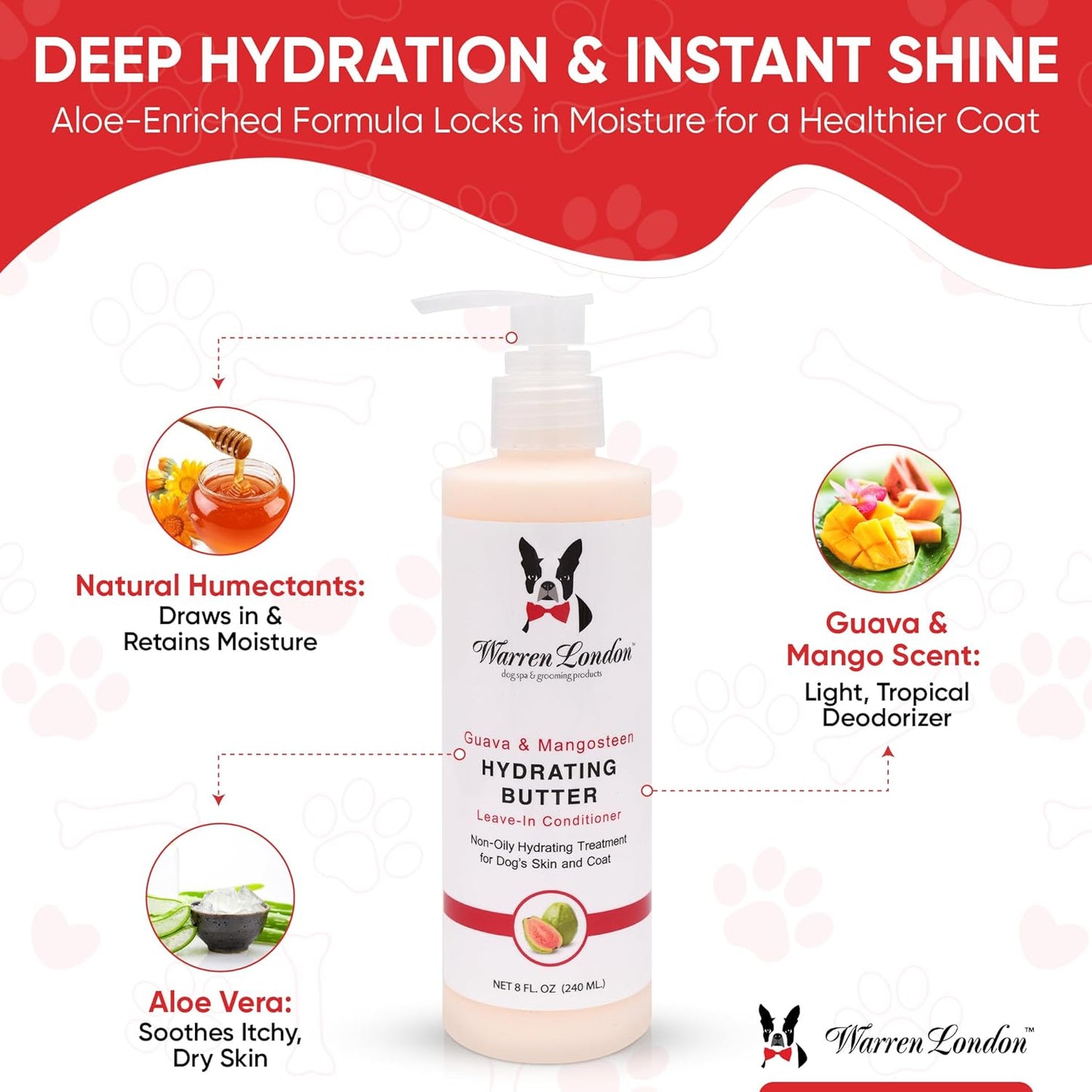 Warren London Hydrating Butter Leave in Pet Conditioner for Dogs | Lotion for Skin and Coat | Aloe Puppy & Dog Conditioner for Hair Detangler, Dry Skin, & Pet Fur Dandruff | Made in USA | Guava 8oz