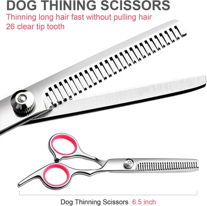 Dog Grooming Scissors with Safety Round Tips Stainless Steel Professional Dog Grooming Kit - Thinning, Curved Scissors and Comb for Cat Pet (Pink 4 in 1)