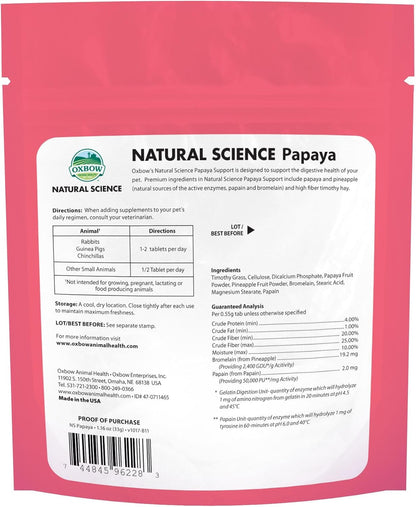 Oxbow Animal Health Papaya Support, High Fiber Digestive Supplement for Rabbit & Guinea Pig, Made with Timothy Hay, Includes Papaya, Pineapple, Papain, & Bromelain, Made in USA, 1.16 oz Bag