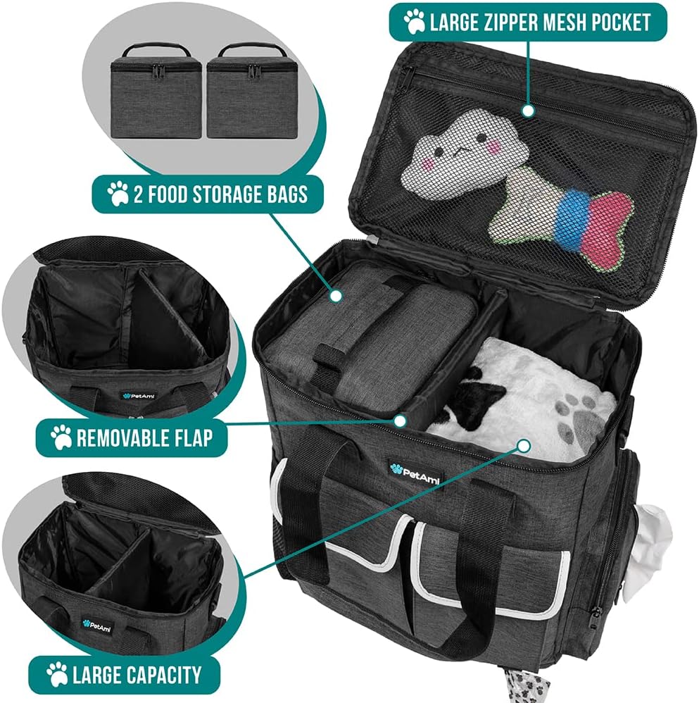 PetAmi Dog Travel Bag Pet Supplies Accessories Organizer for Traveling, Camping, Weekend; Cat Pet Travel Bag Kit Includes 2 Food Storage Containers, 2 Collapsible Bowls, 1 Feeding Mat (Dark Gray)