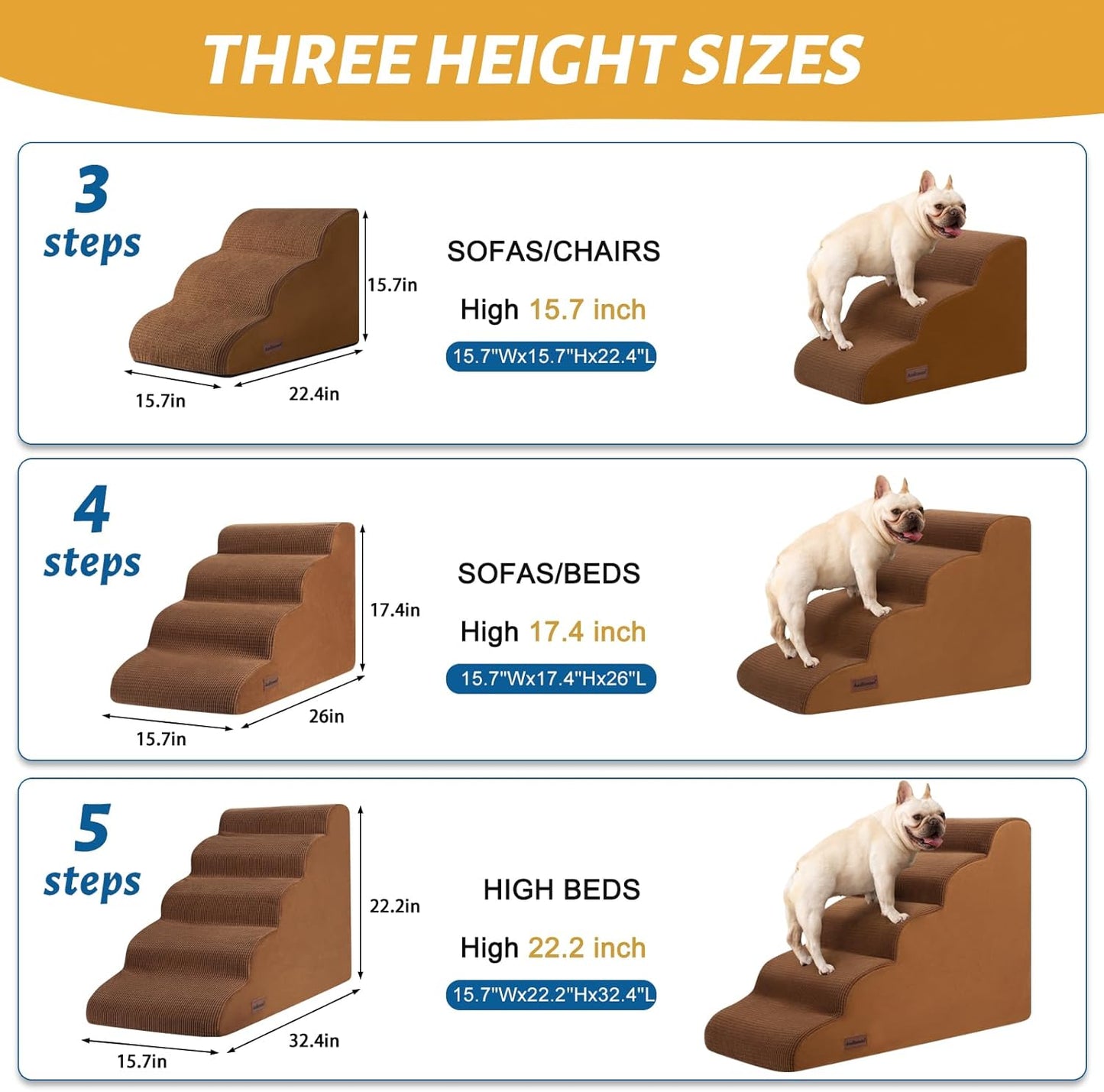 4-Step Dog Stairs and Ramp for Beds or Couches – Non-Slip Sturdy Pet Steps for Small Dogs and Cats,17.4" H,Brown
