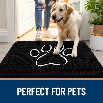 OLANLY Door Mat for Muddy Dog Paws 70x46, Ultra Absorbent Chenille Mud Doormat with Paw Print Design, Non-Slip Washable Doormat for Indoor Entryway, Quick-Dry Pet Bed Mats for Dirty Dogs, Black
