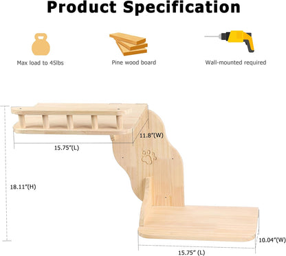Cat Wall Perches, 2-Levels Corner Shelves Wall-Mounted Platform with Scrathing Mat, Wood Furniture for Indoor Cats Climb,Play and Nap (Left)