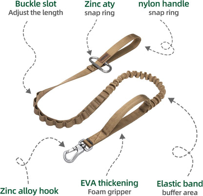 EXCELLENT ELITE SPANKER Tactical Bungee Dog Leash Military Adjustable Dog Leash Quick Release Elastic Leads Rope with 2 Control Handle(Coyote Brown)