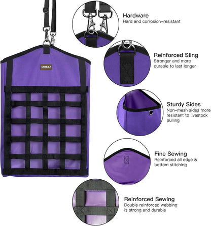 Hay Bags for Horses,3 Packs Slow Feed Hay Bags for Goats,Sheep,Donkey,Premium Oxford Hay Feed Bags with Front Hay Nets Design, Easy to Fill and Hang with Large Opening (2Purple + 1Black)