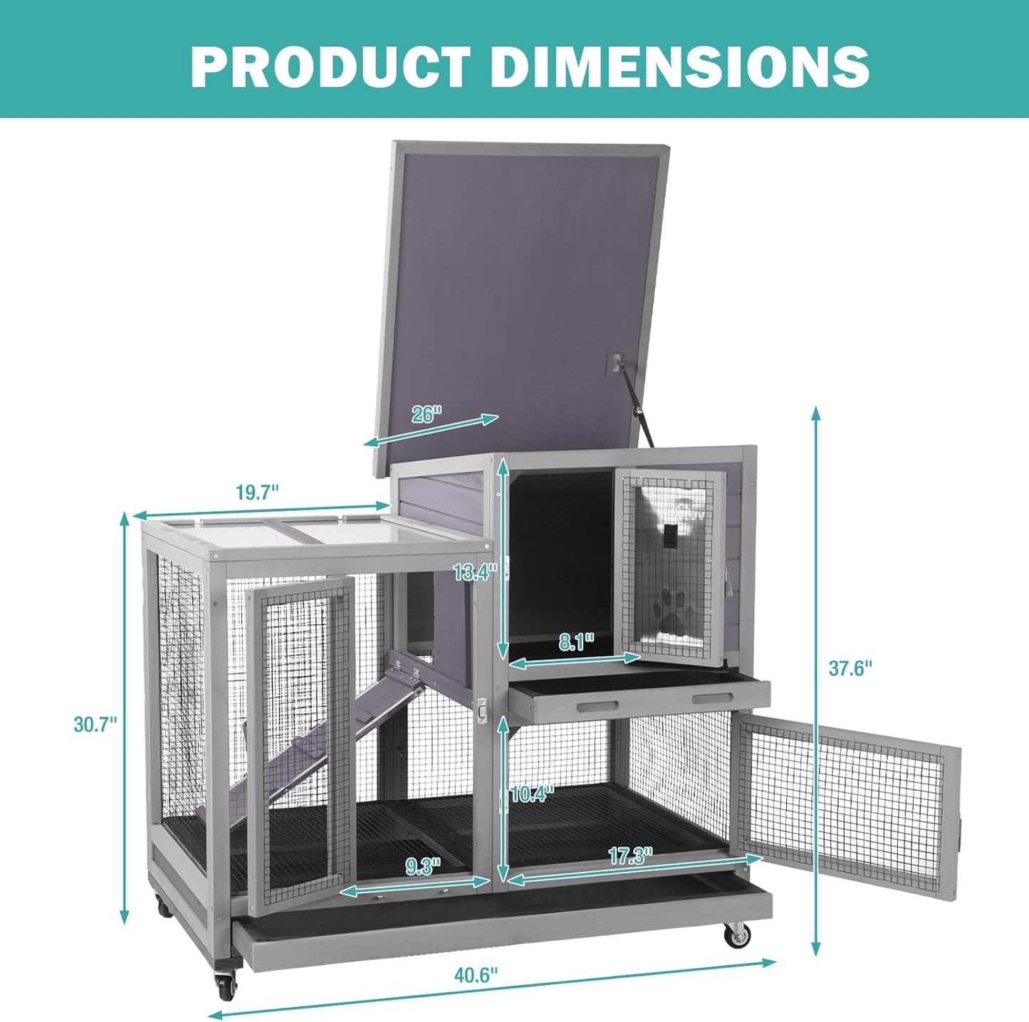 Rabbit Hutch Indoor for 2-4 Rabbits & Guinea Pigs，Bunny Cage with Slide-Out Plastic Trays，Wooden Small Animal Cage for Rabbits, Bunnies, and Guinea Pigs (Light Grey)