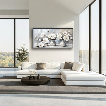 Large Farmhouse Floral Wall Art for Living Room, Framed Oversized White Flower Vase Wall Decor Grey Floral Canvas Painting Pictures Modern Artwork for Bathroom Bedroom Office Dining Room 60"x30"