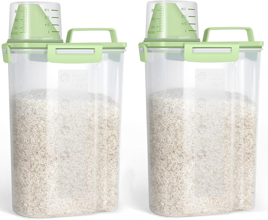 TBMax Rice Container Cereal Storage Container 2 Pack 5 Lbs, Plastic Kitchen Pantry Food Storage Container with Cup, Small Pet Dog Cat Food Dispenser -Green