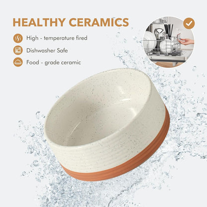 Ceramic 5.1inch Raised Double Bowls Set with Acacia Wood Stand, 2 Heights Elevated, Food & Water Bowls for Puppy, Kitty, Cats(13.5oz, Vanilla White)