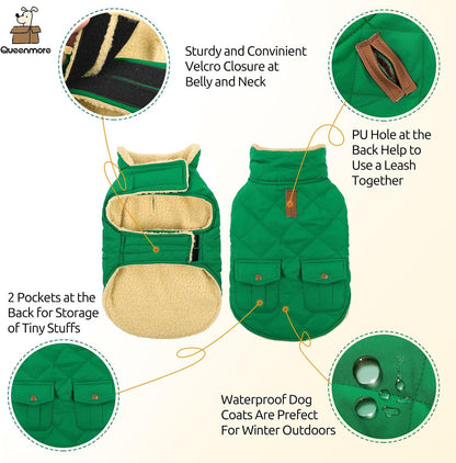 Queenmore Warm Dog Coat, Cold Weather Puffer Dog Coat Vest, Quilting Winter Pet Jacket Ultra Thick Plush Fleece Lining Pet Clothes for Dogs with Storage Pockets (Forest Green, Small)