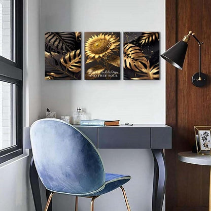 Yxbhhym Bathroom Wall Art Décor Black and Gold Leaf Poster Art Prints Sunflower Canvas Wall Art Paintings Flower Wall Pictures for living room Hallway Décor office Bedroom Decorations