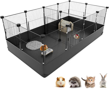 Tresbro Guinea Pig Playpen with 14 Panels & Divided Room, Triple Fixing Measures Small Animal Cage with Waterproof PVC Liner & One-Motion Hooks, Rabbit, Bunny, C&C Grids Cage 48 x 24 x 16 Inches