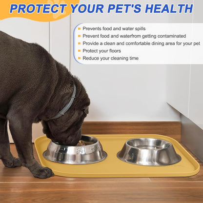 Silicone Pet Feeding Mat with Raised Edge for Food and Water, Dog Bowl Mats, Cat Bowls Placemat with High Lip for Floor Waterproof, Rubber Tray for Cats and Dogs 22 x 14 x0.8 Beige