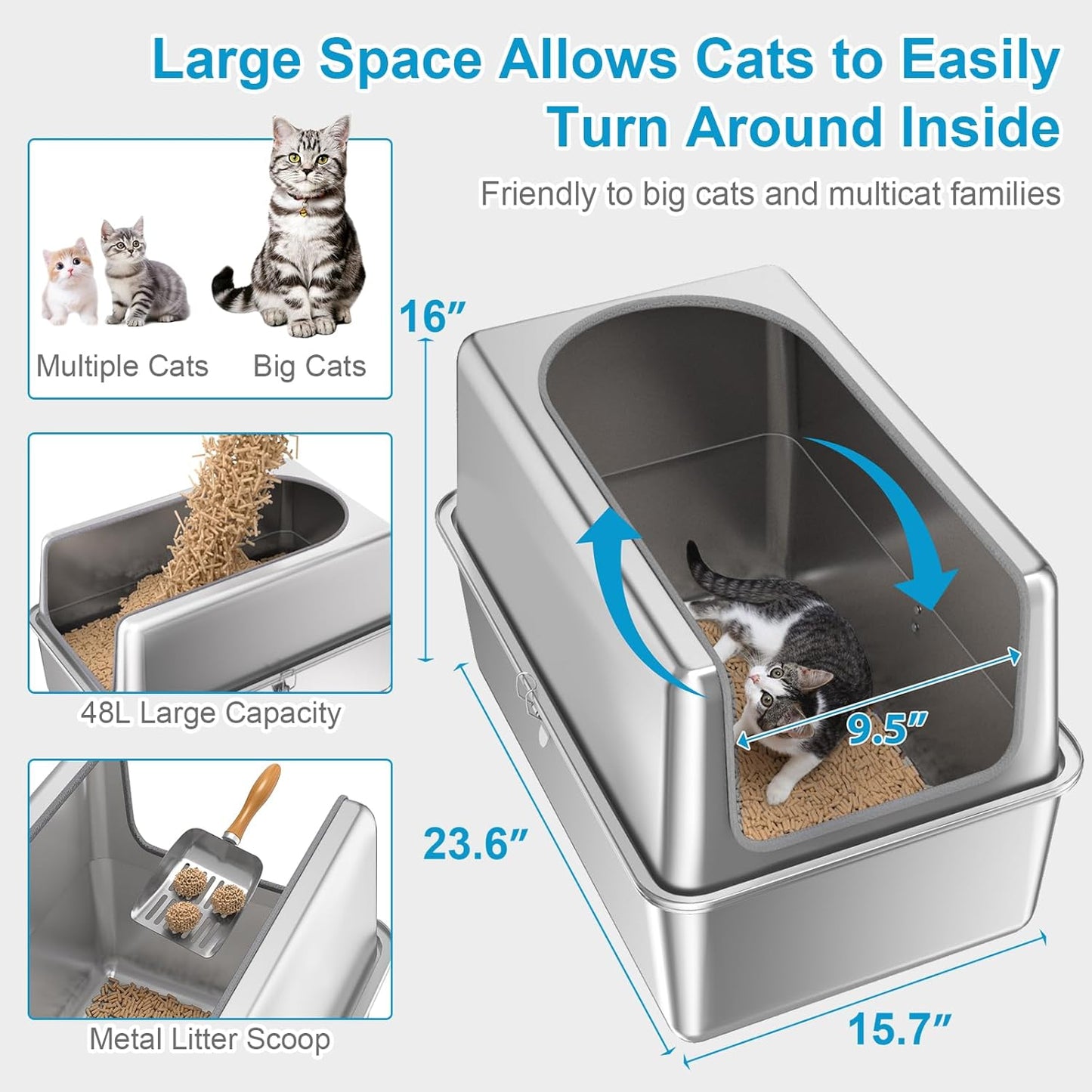 16'' High Sides XXXL All Stainless Steel Cat Litter Box with Lid,8'' Deep Metal Litter Box for Big Cats,Extra Large Litter Boxes with High Wall Enclosure,Anti-Leakage,Never Absorbs Odors,Non-Sticky