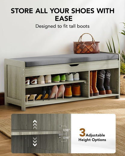 Amada Shoe Bench, Entryway Bench with Cushioned Seat & Lift Top Storage, 3 Doors, Adjustable Shelf, 300 lbs Capacity, Storage Bench with Shoe Rack for Entryway, Bedroom, Living Room, Gray