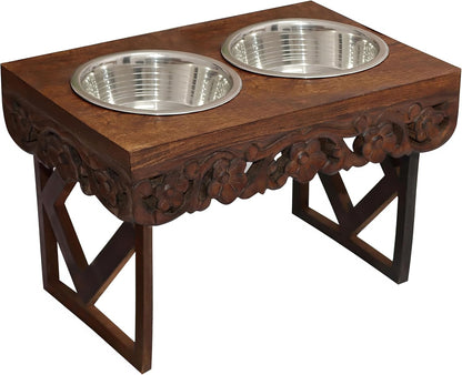 Elevated Pet Feeder for Dogs and Cats - The Bali Carved Wood Pet Feeding Stand with Two Stainless Steel Bowls - Three Heights Adjustable Raised Dog Bowl - Food Water Pet Feeding Station - IRONGATE