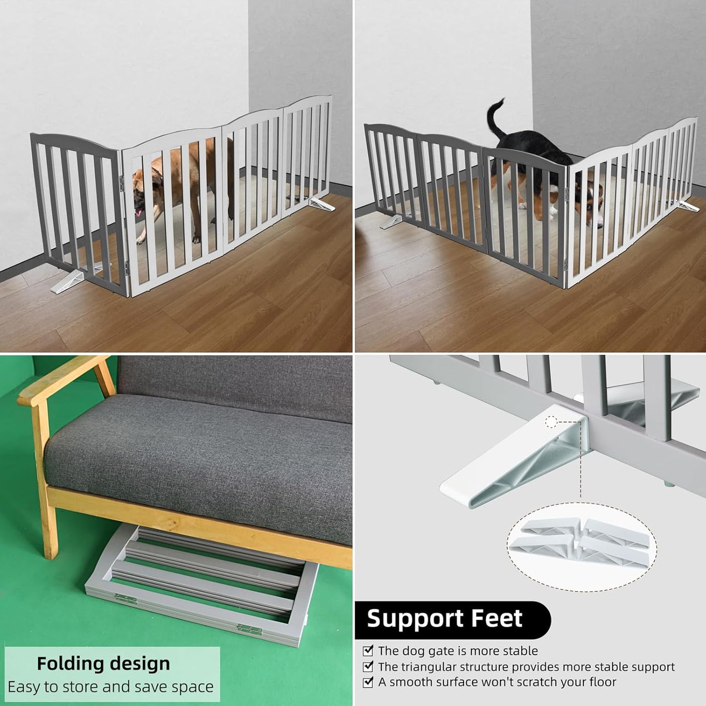 ZJSF Foldable Freestanding Indoor Dog Gate for House Wood Long Pet Gates Dog Fence for Stairs Puppy Gates for Hallways, Puppy Gate,Support Feet Included, Grey, 32 "Height-4 Panels