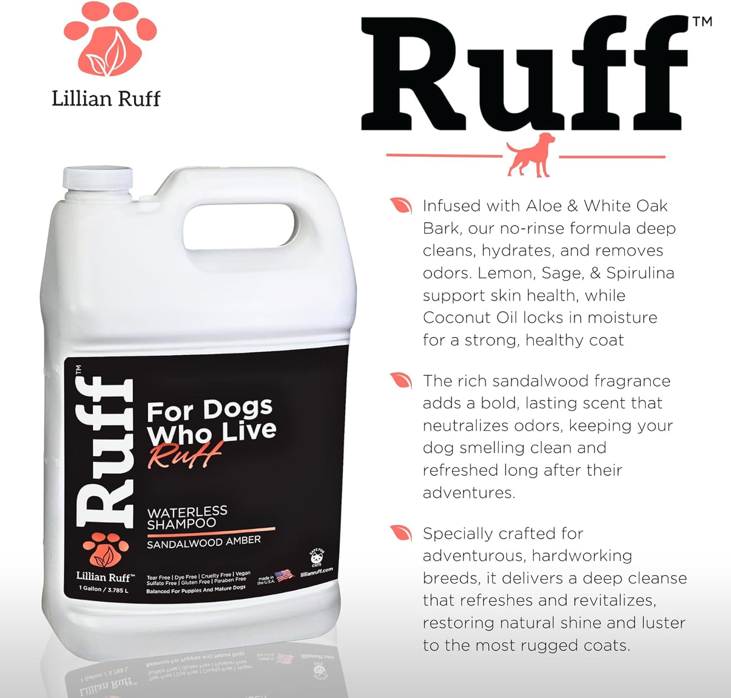 Ruff by Lillian Ruff No-Rinse Waterless Dog Shampoo Spray – Sandalwood Amber – Cleans, Conditions, Detangles & Deodorizes – Puppy & Cat Safe – USA Made (Gallon)