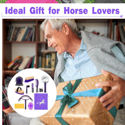 Abbylike 12 Pieces Horse Grooming Kit Racing Festival Tack Room Supplies Horse Brush Sets Equine Care Cleaning Kit Shedding Grooming Massaging Tools(Gray and Purple)