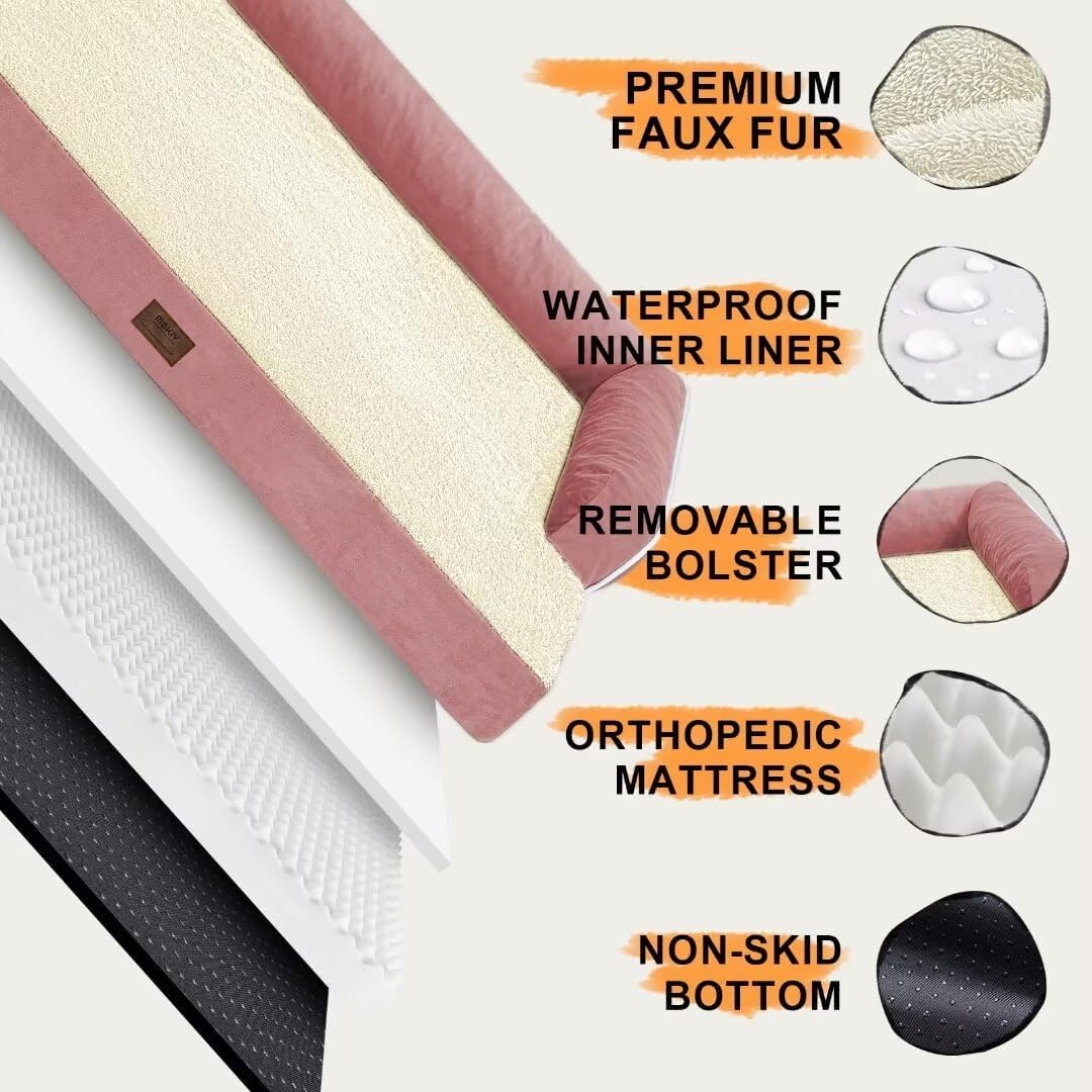 Large Dog Bed Orthopedic Washable Extra Pink XL XLarge Big Dog Bed with Washable Bolster & Memory Foam Couch Sofa - Waterproof with Removable Cover