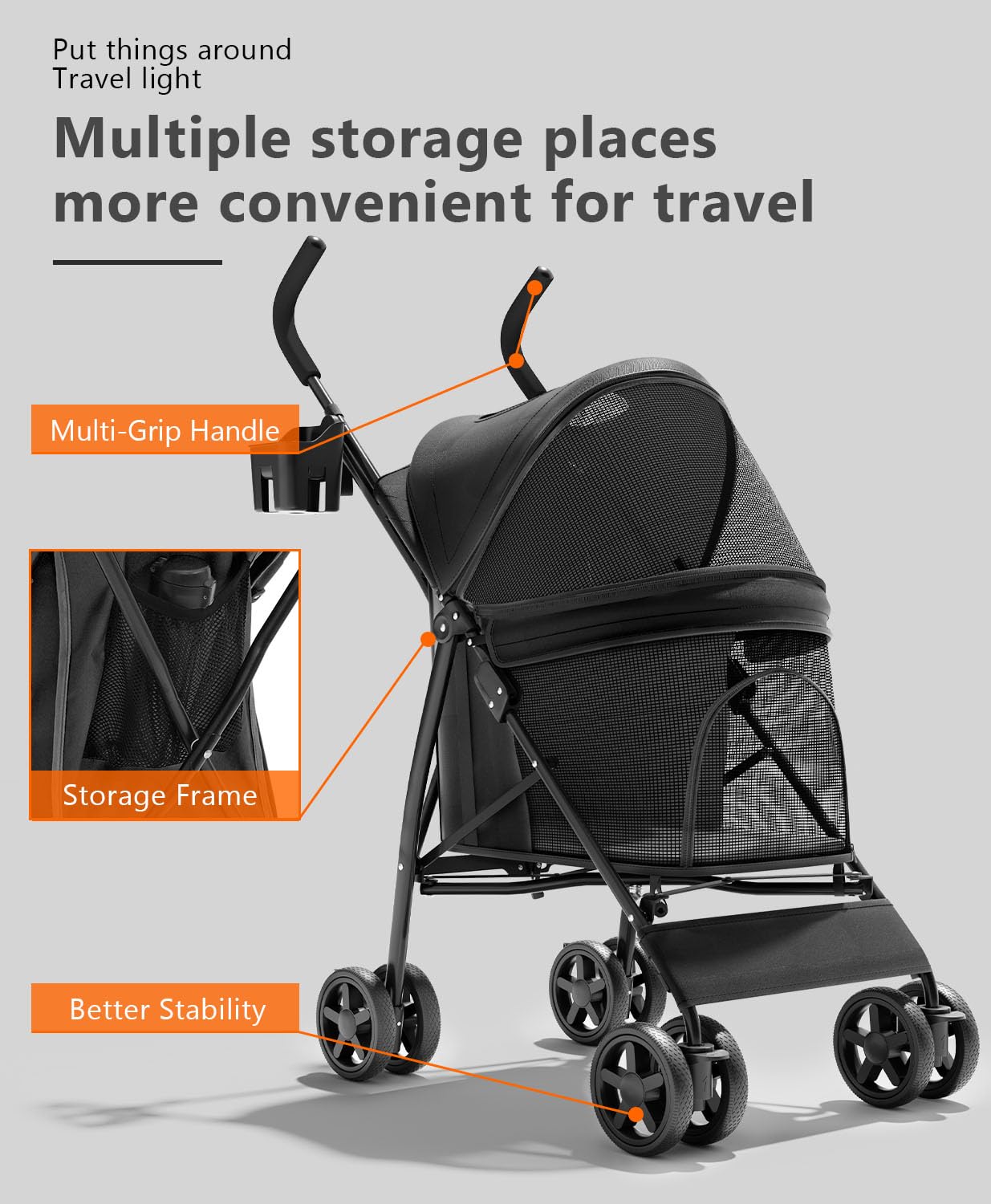 Pet Stroller with 4 Wheels for Small/Medium Pets, Portable Travel Foldable Carrier Jogger for Dog Cat Puppy Kitty, Rear Wheel Breaks, Storage Basket, Visible Mesh with Weather Cover (Black)