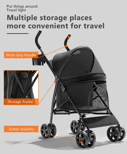 Pet Stroller with 4 Wheels for Small/Medium Pets, Portable Travel Foldable Carrier Jogger for Dog Cat Puppy Kitty, Rear Wheel Breaks, Storage Basket, Visible Mesh with Weather Cover (Black)