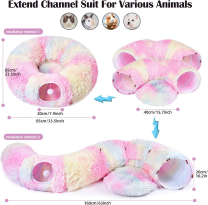 Odoland Cat Tunnels Bed with 20 Cat Toys for Indoor Cats, Plush Cat Couch Tunnel Bed for Kitten, Cat Cave Donut Tunnel - Detachable Soft Cat Bed and Variety Kitty Toy Set, Pink