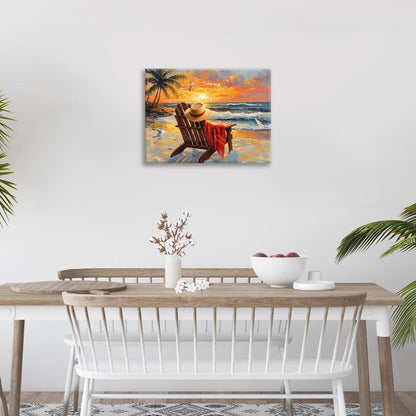 Beach Coastal Bathroom Pictures Wall Art, Seaside Ocean Bathroom Wall Decor, Sunrise Palm Framed Painting Canvas Artwork for Bedroom Living Room Decorations 20"L x 16"W