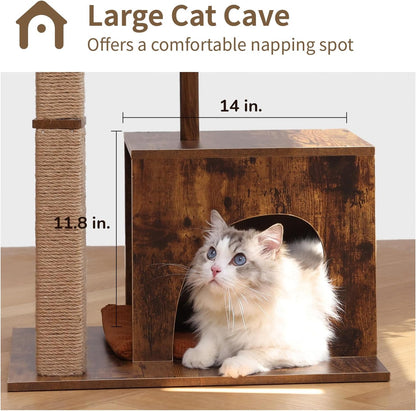 FUKUMARU Cat Scratching Post, Modern Style Cat Tree with Unique Square Post, Wooden Cat Tower with silvervine Balls, Retro Cat Condo Scratcher for Indoor Cats（Solid Wood）