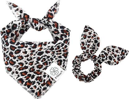 E-Clover Dog Bandanas Boy & Matching Scrunchie Set Leopard Dog Bandana Bibs Washable Kerchief Scarf for Medium Large Dogs & Owner