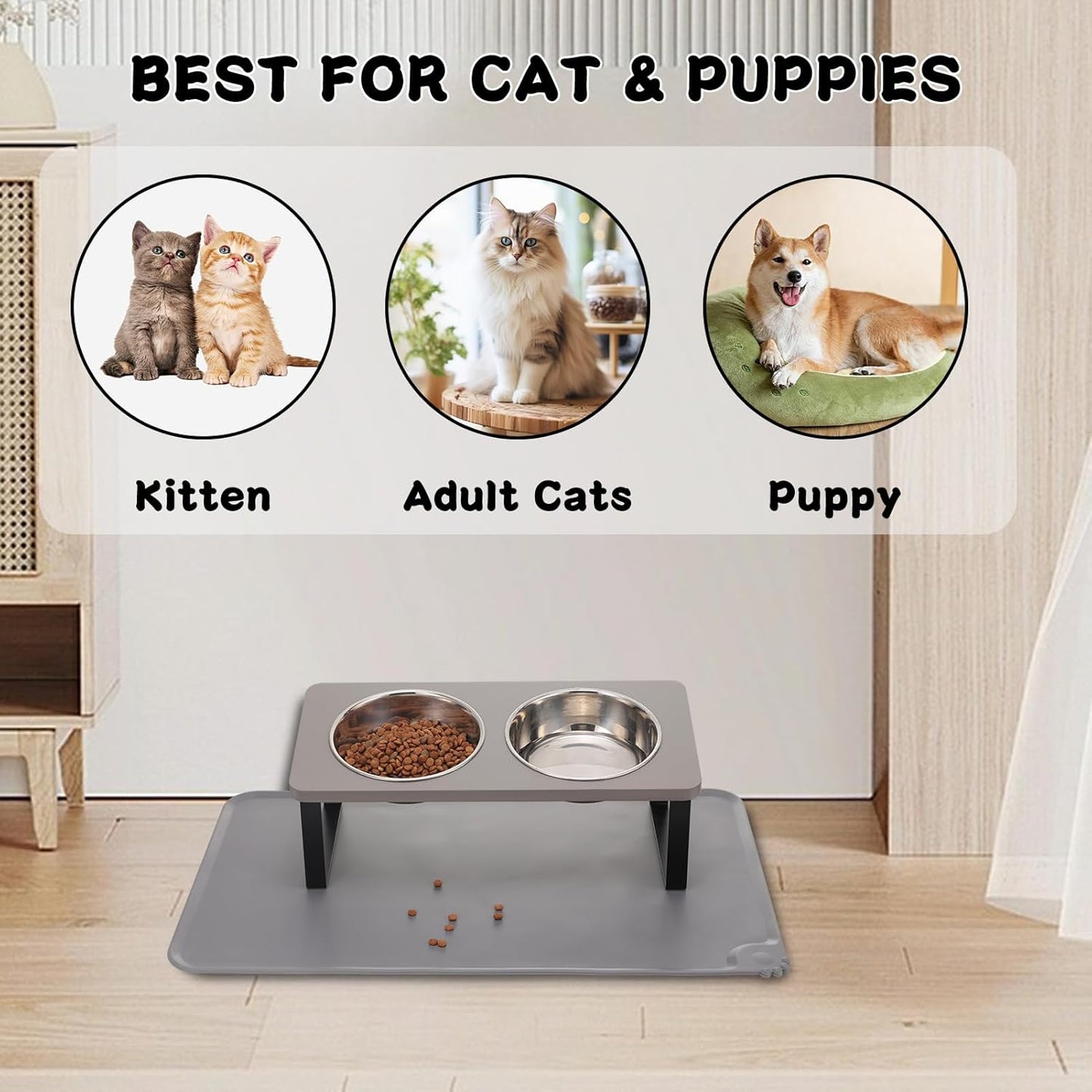 Upgraded Elevated Cat Bowls with Food Mat,15°Tilted Stand Anti Vomiting Raised Cat Dishes for Food and Water,2 Stainless Steel Bowls for Cats and Puppy（Gray）